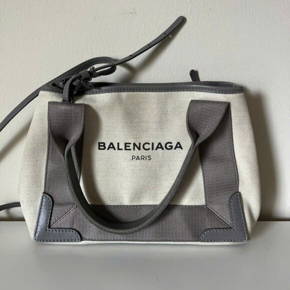 BALENCIAGA Beige Grey Canvas and Calfskin Leather Cabas Crossbody Bag - Picture 1 of 11